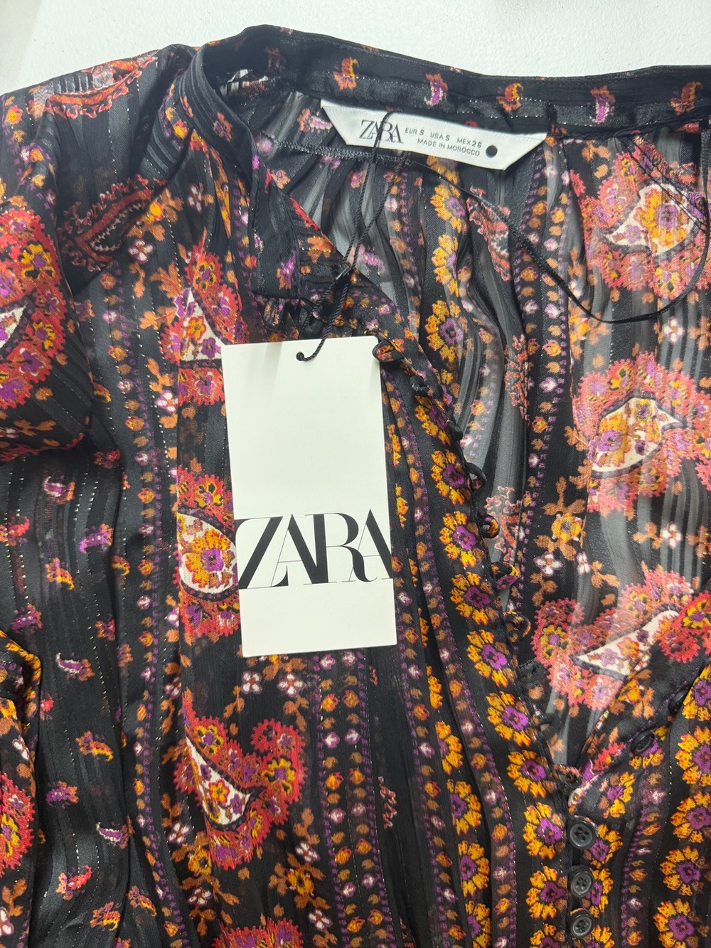 NWT Zara Paisley Floral Mini Dress Size Small Black Button Front Boho Sheer